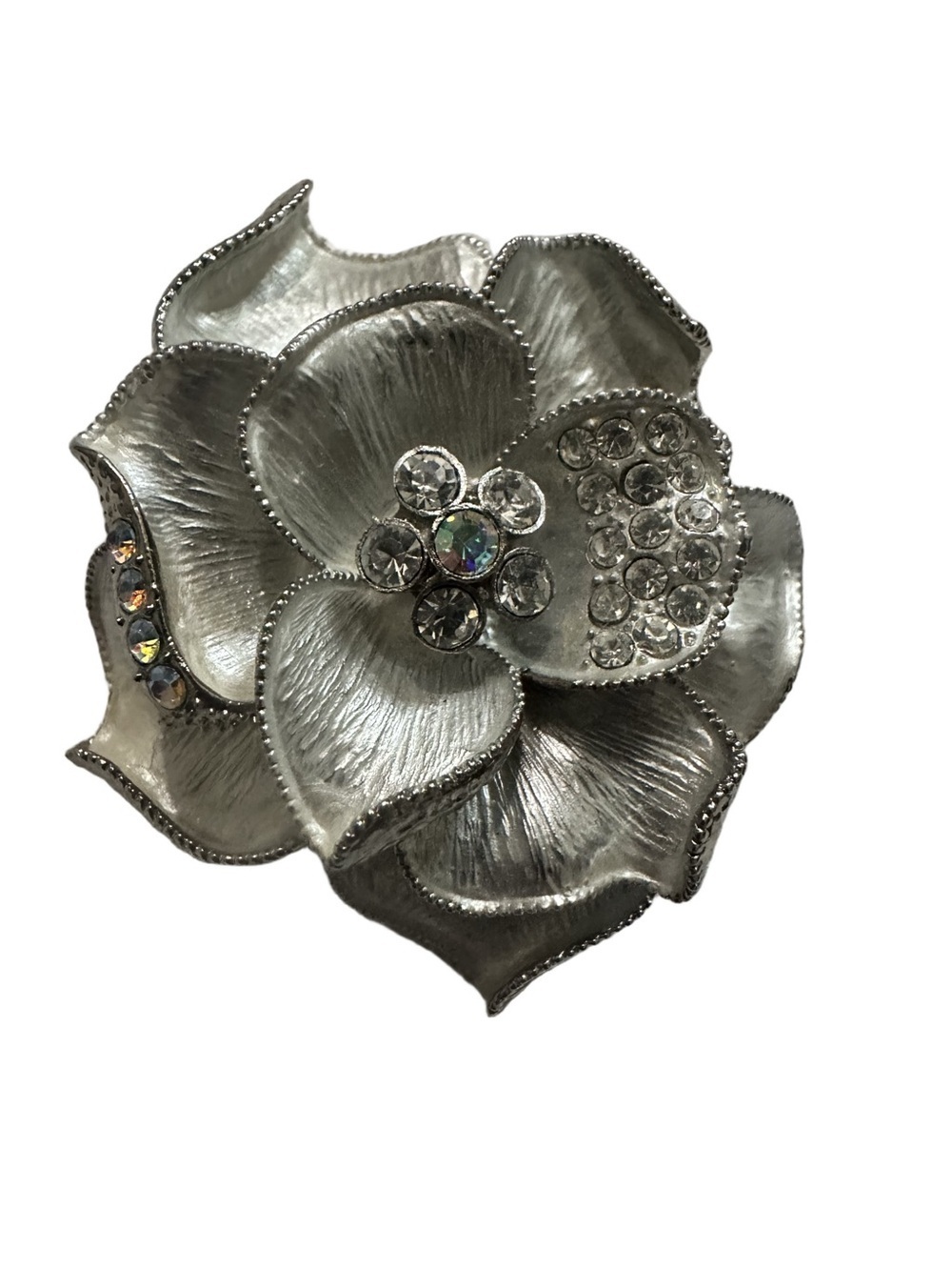 Vintage Silver-Toned Floral Crystal Accented Brooch Pin or Pendant Accessory